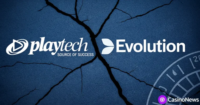 Playtech and Evolution logos on cracked blue surface suggesting industry conflict or rivalry.