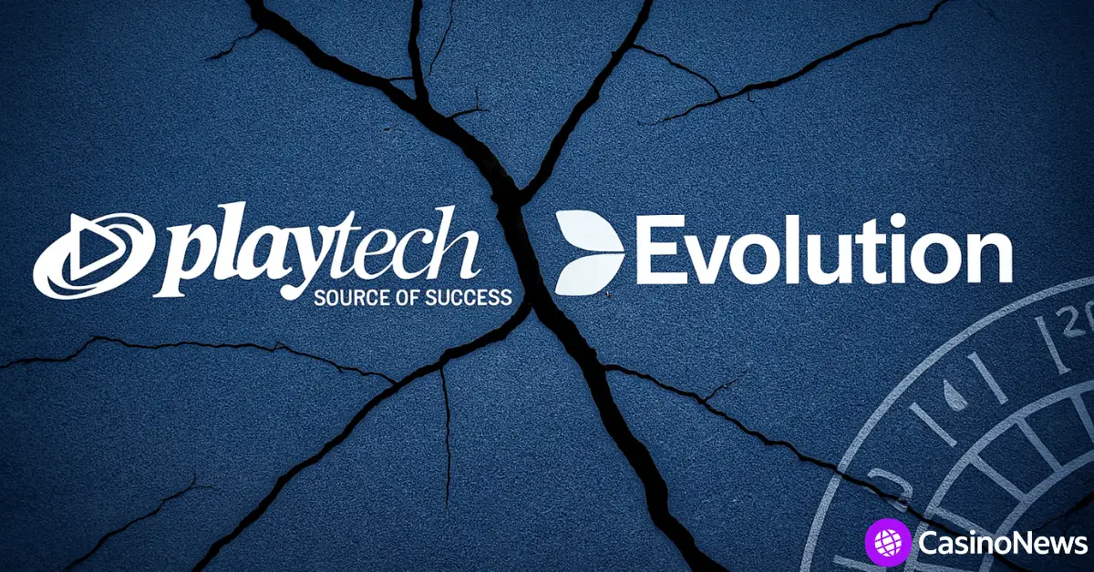 Playtech and Evolution logos on cracked blue surface suggesting industry conflict or rivalry.