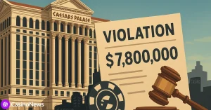 Editorial illustration of Caesars Palace in Las Vegas with symbolic legal elements representing a $7.8 million regulatory penalty for AML failures.