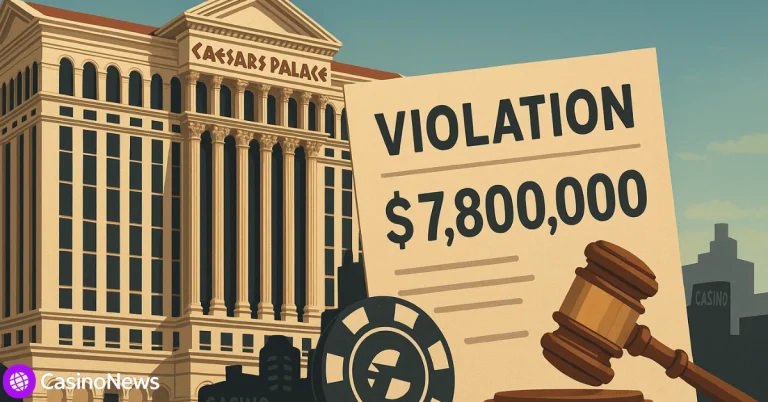 Editorial illustration of Caesars Palace in Las Vegas with symbolic legal elements representing a $7.8 million regulatory penalty for AML failures.