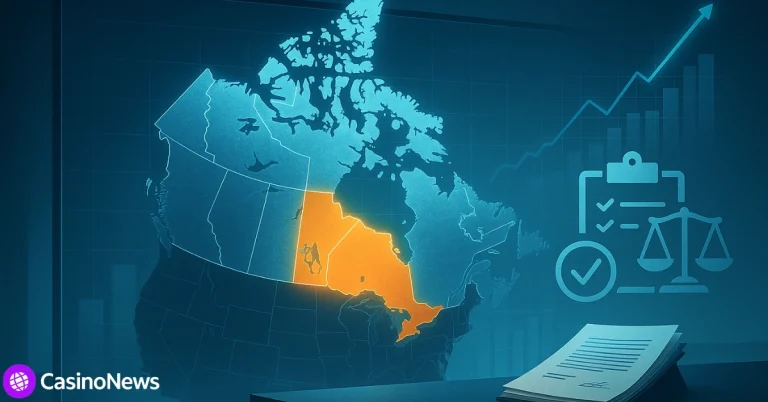 Digital map of Canada highlighting Ontario in orange with regulatory symbols and growth indicators representing Canada’s evolving iGaming market.