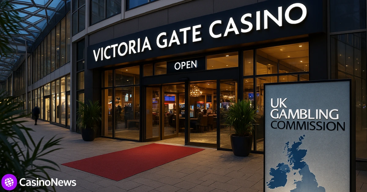 Victoria Gate Casino entrance lit at dusk with a UK Gambling Commission sign indicating regulatory oversight.