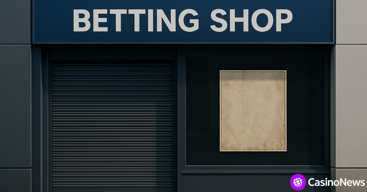 Closed betting shop with a shuttered entrance and blank poster in the window, CasinoNews branding in corner.