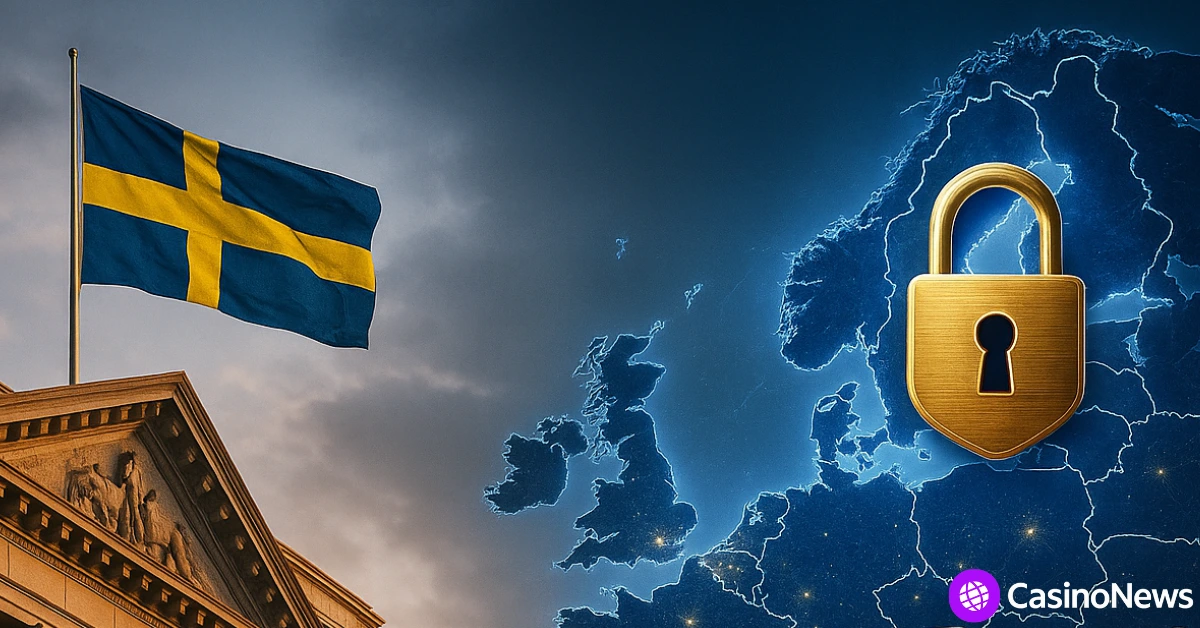 A split image showing a Swedish government building with the national flag on the left and a glowing map of Europe on the right, featuring signs that represent legal and illegal gambling to highlight Sweden’s regulatory crackdown.